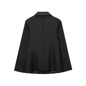 Women's black double-breasted blazer dress jacket with tailored back seam details