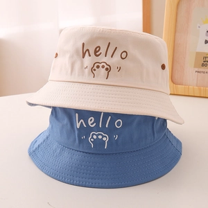 Kids cotton bucket hat set with bear embroidery and hello text for outdoor sun protection