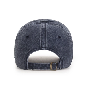 Vintage washed navy blue baseball cap with adjustable metal buckle on back