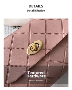 Close-up of pink quilted leather shoulder bag with elegant golden turn-lock closure