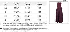 Size chart for strapless backless A-line maxi dress with XS to L measurements in centimeters