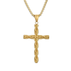 Hip hop gold stainless steel cross pendant necklace with stylish bead chain for men