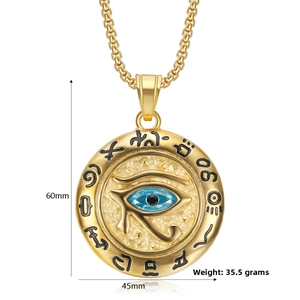 Detailed view of Eye of Horus pendant with dimensions 60mm by 45mm on gold chain