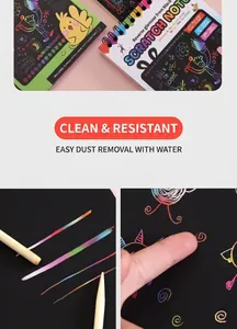 Detail view of 10-sheet spiral rainbow scratch art book with wooden stylus for kids