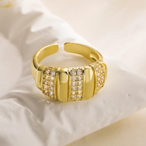 18K Gold Plated Copper Wide Band Ring Cubic Zirconia Geometric Scalloped Open Adjustable Fashion Jewelry For Women