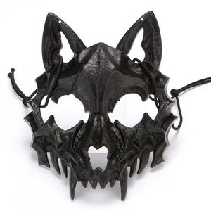 Front view of black wolf skull beast mask showing sharp texture and adjustable straps