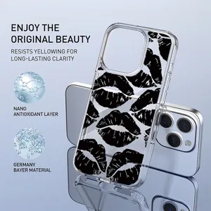 Clear iPhone case with black lip pattern featuring anti-yellowing German Bayer material