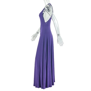 Detail of purple ruched maxi dress fabric and side cut-out on a transparent mannequin