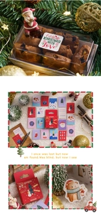 Close-up of Christmas stamp stickers featuring elk and snowmen on holiday gift packaging