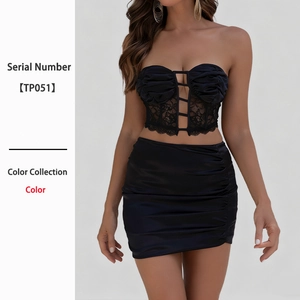 Completo Sexy Donna Pizzo Satén Cut Out Top A Tubo E Minigonna Pieghe Schiena Scoperta Slim Fit Clubwear Estate