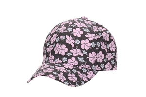 Detail of floral baseball cap with pink hibiscus print on black fabric and curved brim