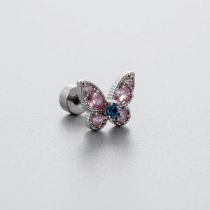Boucle d'oreille papillon en acier titane avec zircons roses et bleus à vis