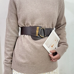 Elastic wide corset belt in dark brown faux leather with vintage gold metal buckle