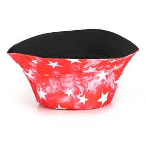 Detail view of red tie-dye bucket hat with white star patterns and black lining