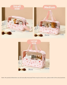 Size chart showing small, medium, and large floral PVC toiletry bags with dimensions