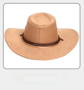 Vue arrière du chapeau de cowboy en feutre camel avec cordon tressé marron foncé