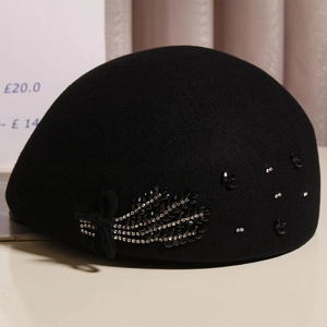 Elegant black wool beret with rhinestone wheat ear pattern and bow for women