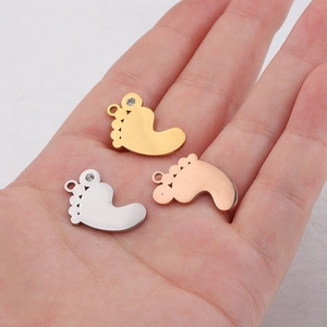Polished stainless steel baby feet pendants with rhinestones in gold silver and rose gold