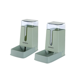 Automatic cat and dog feeder waterer set with transparent containers and sage green base