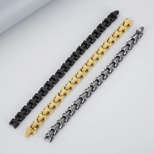Industrial style stainless steel dragon bone chain bracelet in black, gold and silver
