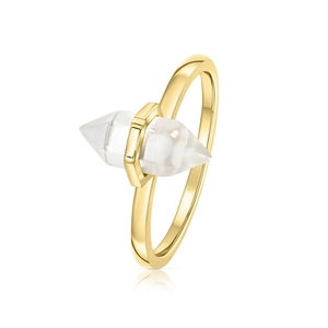 Detailed macro view of gold band ring with a white double-pointed prism crystal gem