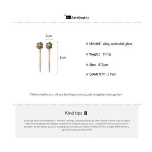 Size chart for silver needle flower tassel earrings showing 8cm length and material details