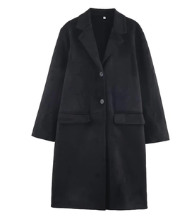 Close-up of black faux suede coat with lapel collar, two buttons and side flap pockets