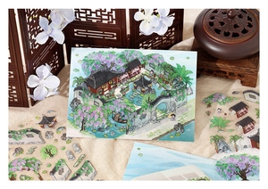 Détail d'autocollants DIY jardin chinois avec pavillon et éléments floraux