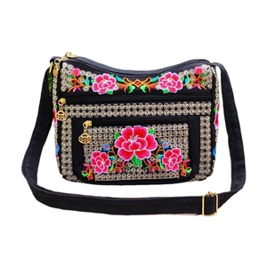 Ethnic style embroidered shoulder bag with floral patterns and multi-layer zippers