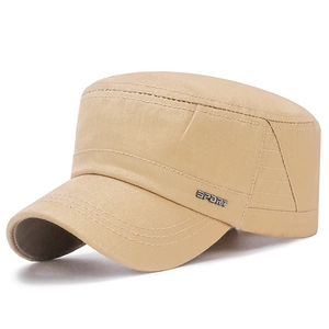 Khaki cotton cadet cap with SPORT metal badge and durable double-stitched canvas fabric