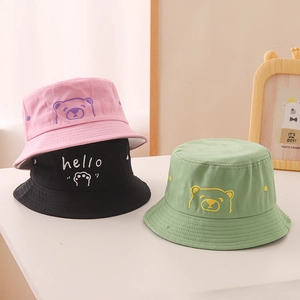 Kids cotton bucket hats with bear embroidery and hello text for outdoor sun protection