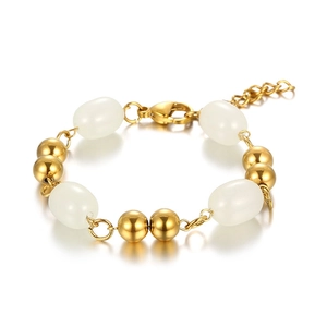 Elegant gold-beaded bracelet with white oval resin pearls and adjustable lobster clasp