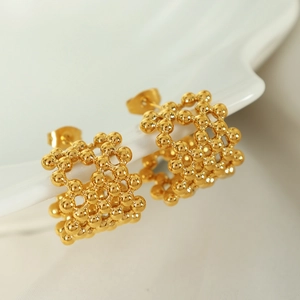 Niche Design Copper Beaded C-Shaped Earrings 18K Gold Plated Mesh Ball Stud Earrings With Stainless Steel Earring Post For Women