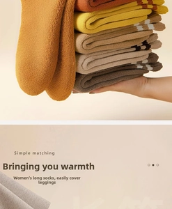 Close-up of thick knitted wool crew socks in multiple warm colors with cozy thermal texture