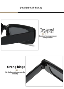Close-up of durable metal hinges and black polished frame on rectangular sunglasses