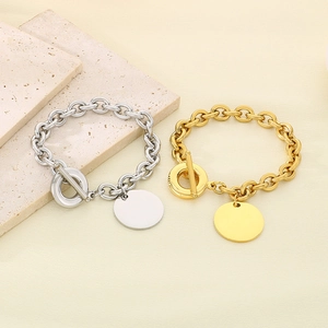 Polished stainless steel OT buckle bracelets with round pendants in gold and silver