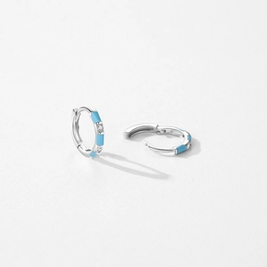 Elegant S925 sterling silver hoop earrings with sky blue enamel and sparkling zircon stones