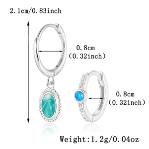 Detailed size view of S925 silver hoop earrings with turquoise and opal stone charms