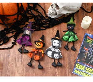 Detailed set of four Halloween plush pendants including witch pumpkin and skull decor