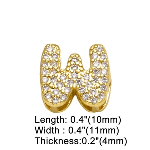 Macro shot of gold letter W pendant with zircon pavé and detailed size dimensions