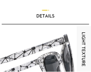 Detail of grey transparent cat eye sunglasses with black geometric pattern texture