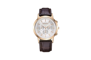 Detailed macro view of men's quartz watch with rose gold case and brown leather strap