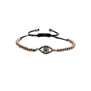 Adjustable Evil Eye woven bracelet with gold, silver and rose gold beads on white background