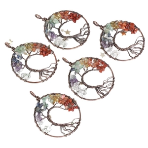 Handcrafted copper wire-wrapped tree of life pendants with natural colorful crystals