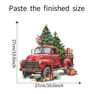 Finished size display of Christmas red truck sticker with tree and gift boxes