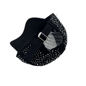 Fashionable black baseball cap with rhinestone embellishments and adjustable buckle