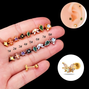 Stainless Steel Cartilage Stud Earrings With Colorful Zircon Screw Ball Back Piercing Jewelry For Women Fashion