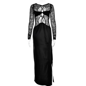 Elegant black long sleeve lace dress with back cutout and side slit detailing