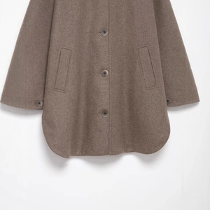 Brown wool mid-length coat with three buttons, side pockets and a curved hemline