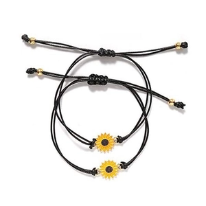 Set of two handmade sunflower braided cord bracelets with adjustable sliding knot closure